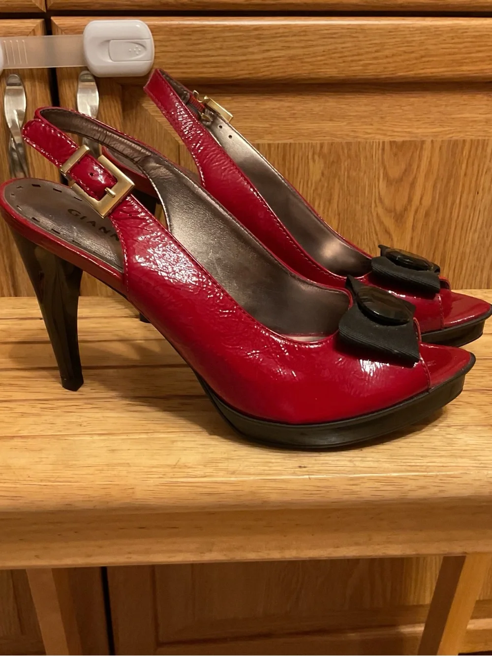 Gianni Bini Red Patent Peep-Toe Slingback Heels with Bow Accent